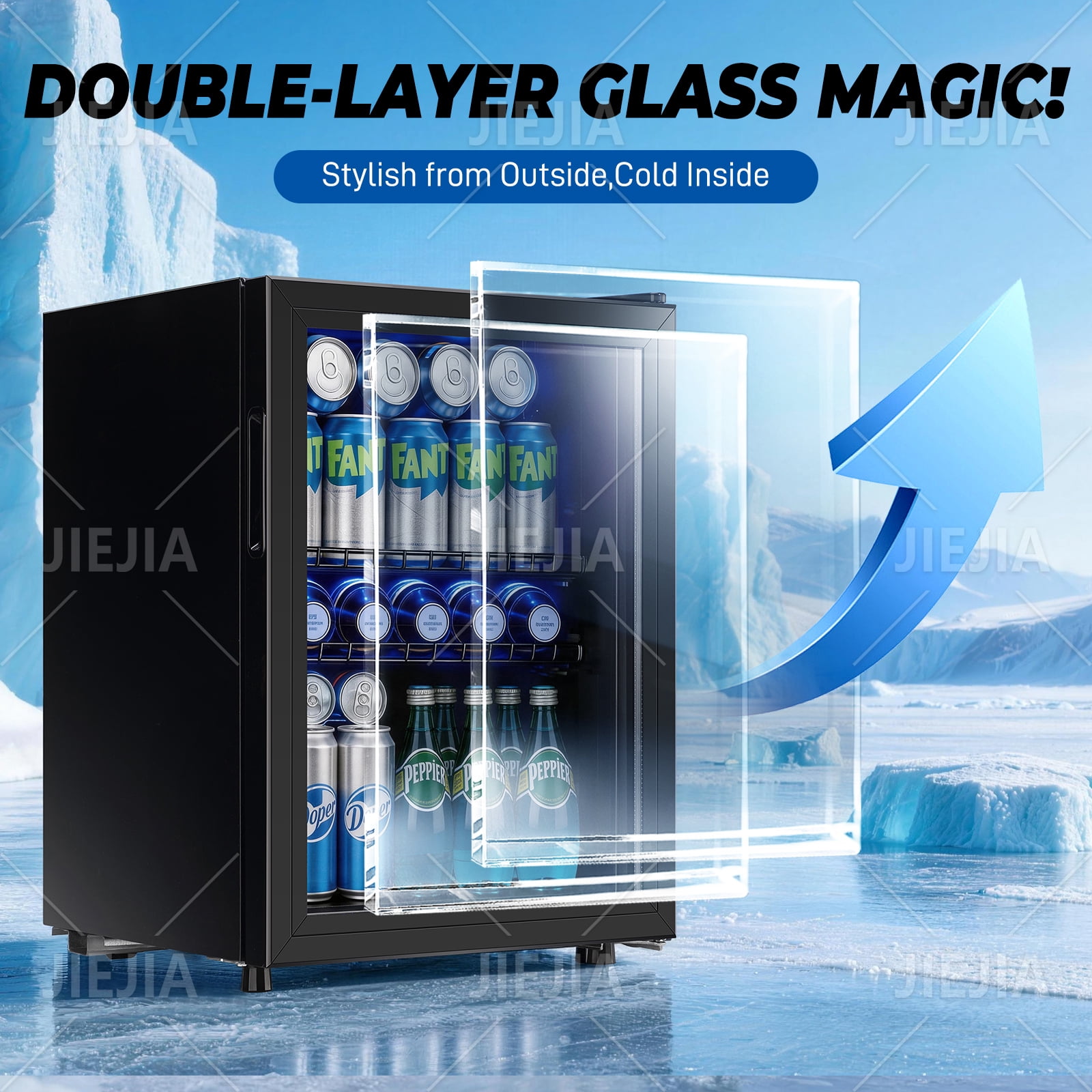 JIEJIA 90 Can Mini Fridge and 2.8 Cu.ft Beverage Cooler Refrigerator with Glass Door for Home, Office