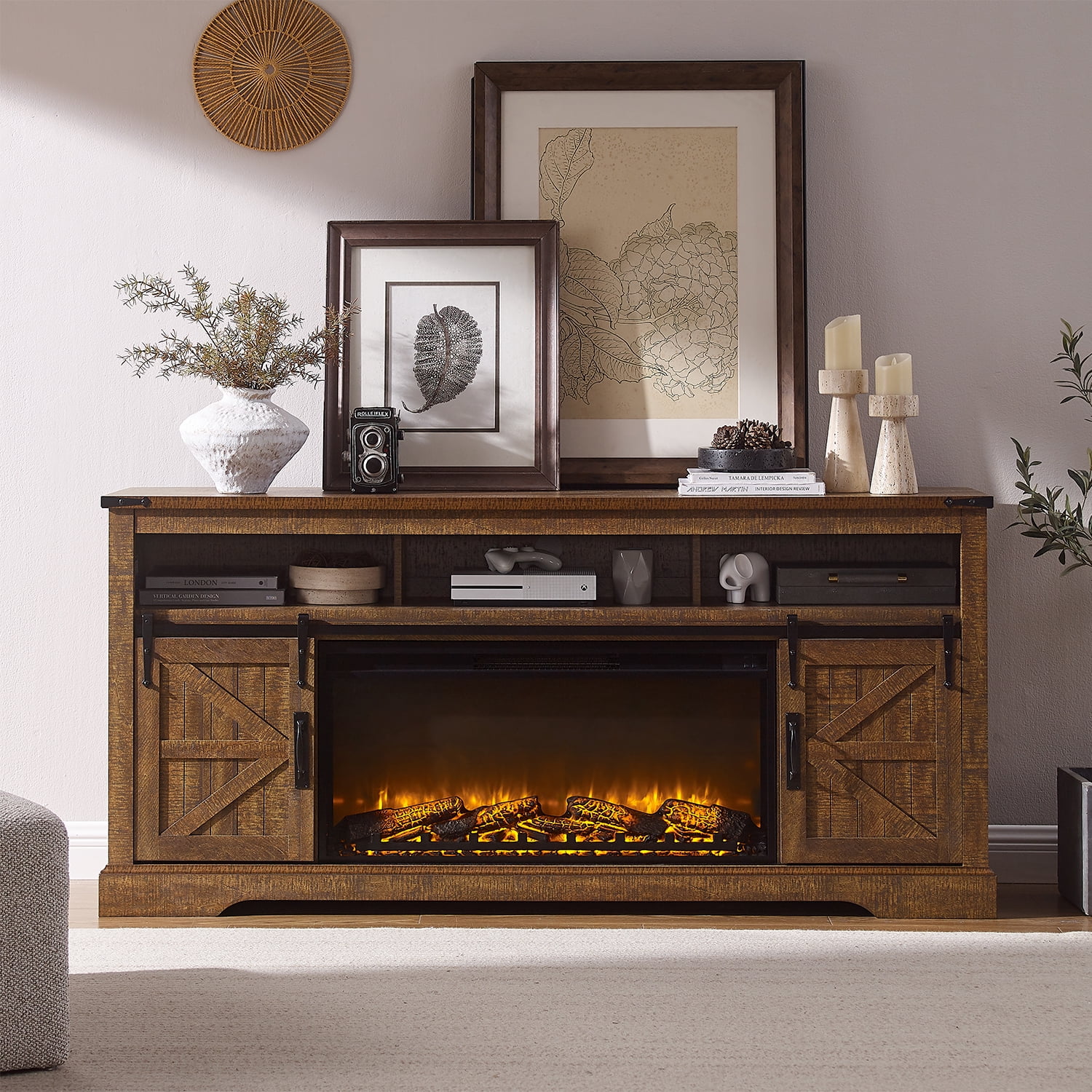 KeyWhat Farmhouse Fireplace TV Stand for TVs up to 80", 37" Electric Fireplace & Barn Door