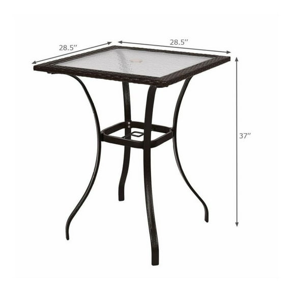 28.5" Outdoor Patio Table, Square Glass Top with Rattan, Contemporary Side Table for Garden, Balcony, Lawn - Weather Resistant