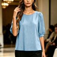 thumbnail image 5 of Vivianyo HD Women's Crew Neck Textured Blouse, Puff Short Sleeve Solid Loose Casual Summer Shirts for Women, Women's Blue, Sizes S-2XL, 5 of 5