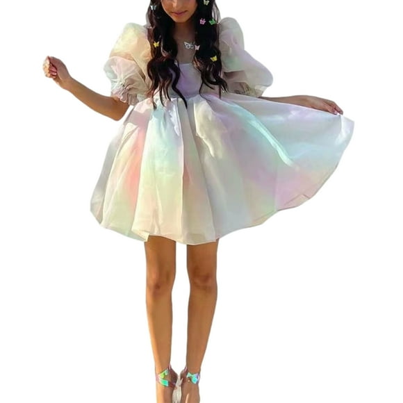 Women Summer Short Puff Sleeve Big Hem Dress Tie-dyed Printing Bubble Party Sundress