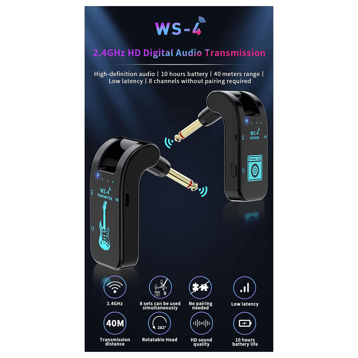 New 2.4G Guitar Wireless Transceiver Electric Blowpipe Audio Transmission Transceiver 8 Channels Duration 10 Hours A,1 * receiver 1 * transmitter 1 * data cable,Black