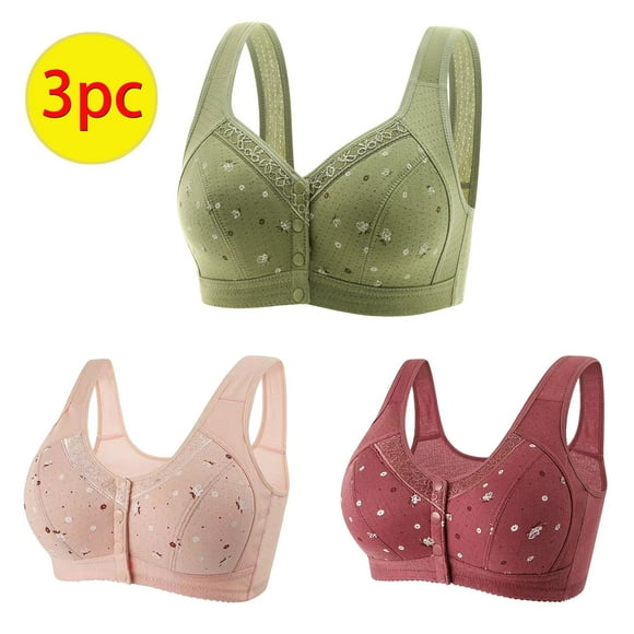 Summer Saving!Bras for Older Women Front Close,3PC Daisy Bras for Older Women,Daisy Bra for Seniors,Comfortable Convenient Front Close Button Cotton Bras for Women No Wire,Full Support Buckle Bra