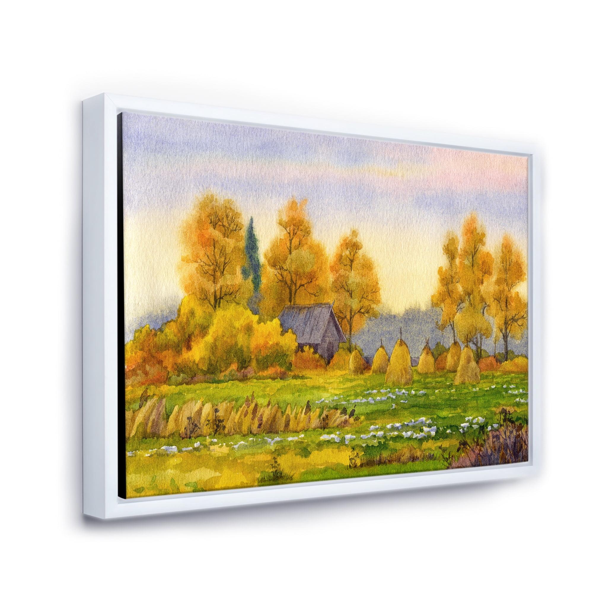 Orange Fields With Haystacks II 20 in x 12 in Framed Painting Canvas Art Print, by Designart