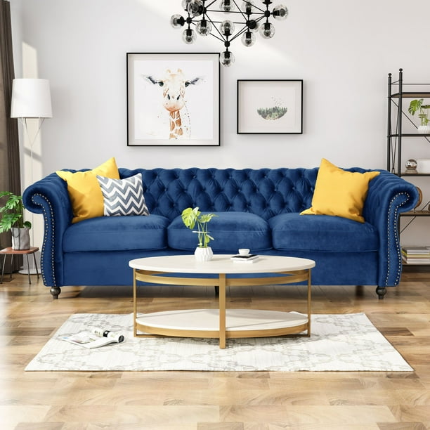 84 5 Blue And Brown Traditional Tufted Sofa With Scroll Arms Walmart Com Walmart Com