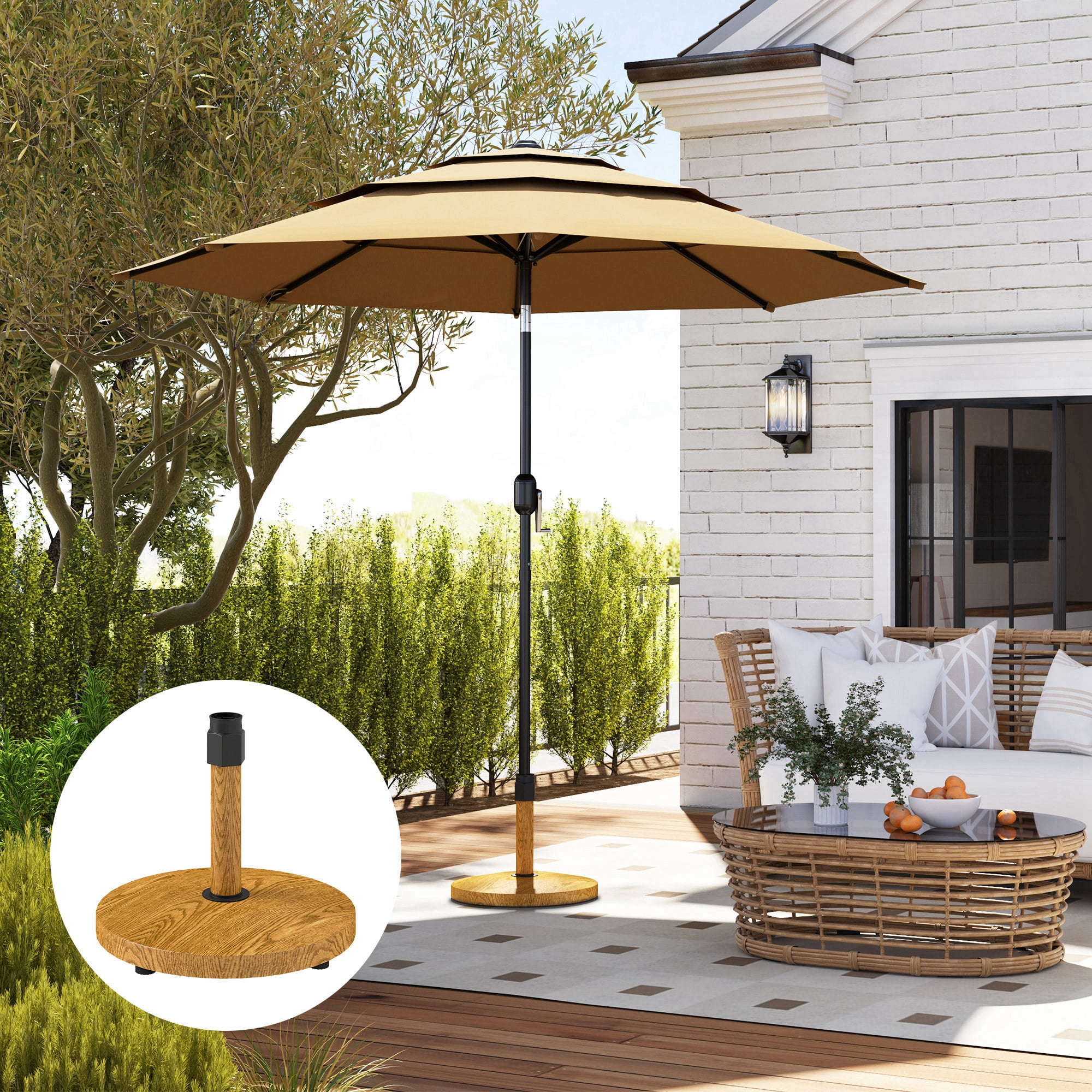 Homiyad Patio Umbrella Base Holder, Outdoor Umbrella Base with Wheels, Heavy Duty Patio Umbrella Stand Base for Garden, Poolside, Nature Wood