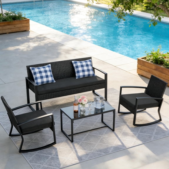 Patio Furniture Set 4 Pieces , Lofka Outdoor Rattan Conversation Set with Glass Coffee Table for Balcony, Garden, Backyard, Porch (Black  Cushion)