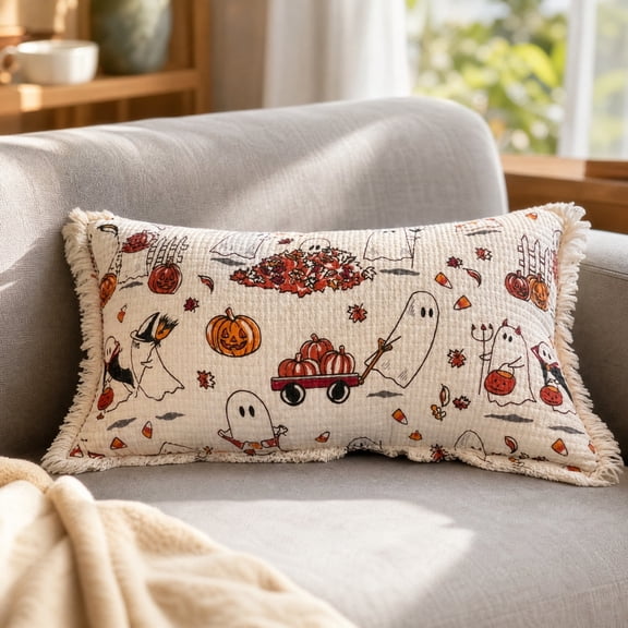 Halloween Ghost Pumpkin Lumbar Throw Pillow,16 Inch Fringe Edge Fall Harvest Decorative Rectangular Cushion for Sofa Couch Home Decor