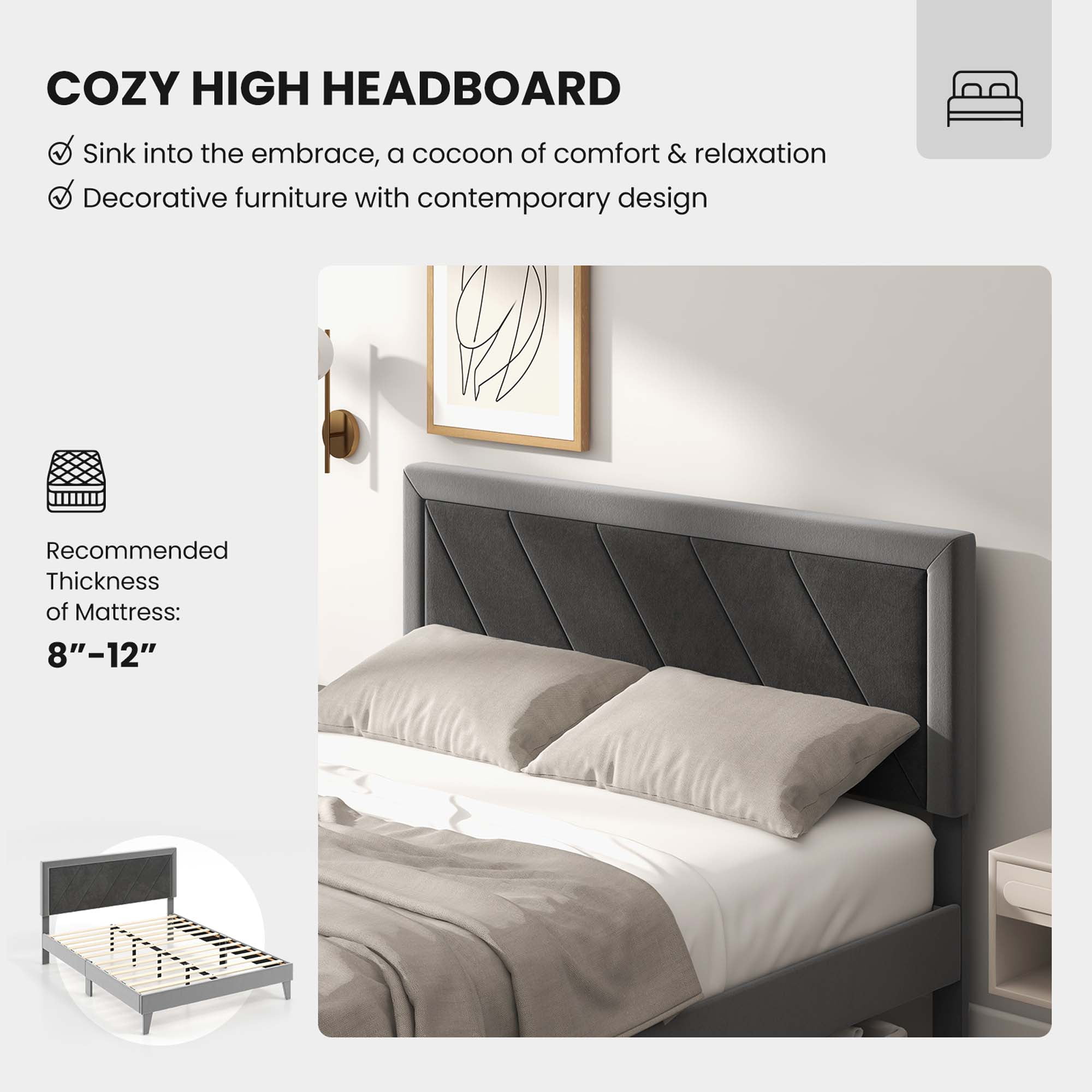 Costway Queen Size Bed Frame Upholstered Platform Velvet Headboard Wooden Slats Gray