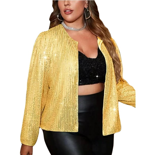 LUXUR Women Bomber Jacket Crew Neck Outwear Plus Size Jackets Loose Tunic  Tops Long Sleeve Gold 2XL