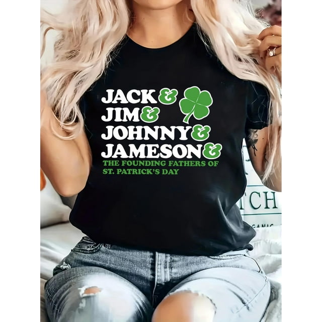 Camiseta informal de cuello redondo con letras y parche de trébol, manga corta, para el Día de San Patricio.