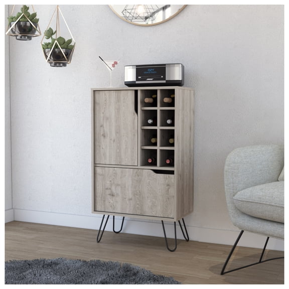 L Bar Cabinet, Eight Built-in Wine Rack, Single Door -Light Gray