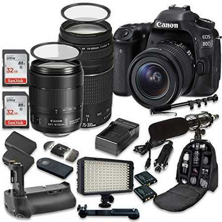 Canon EOS 80D Wi-Fi Full HD 1080P Digital SLR Camera with Canon EF-S 18-135mm f/3.5-5.6 IS USM Lens + Canon EF 75-300mm f/4-5.6 III Lens + 2pc SanDisk 32GB Memory Cards + Battery