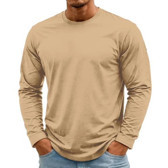 Men's T-Shirt Long Sleeve Crew Neck Casual Soft Basic Tee Shirts Khaki XL