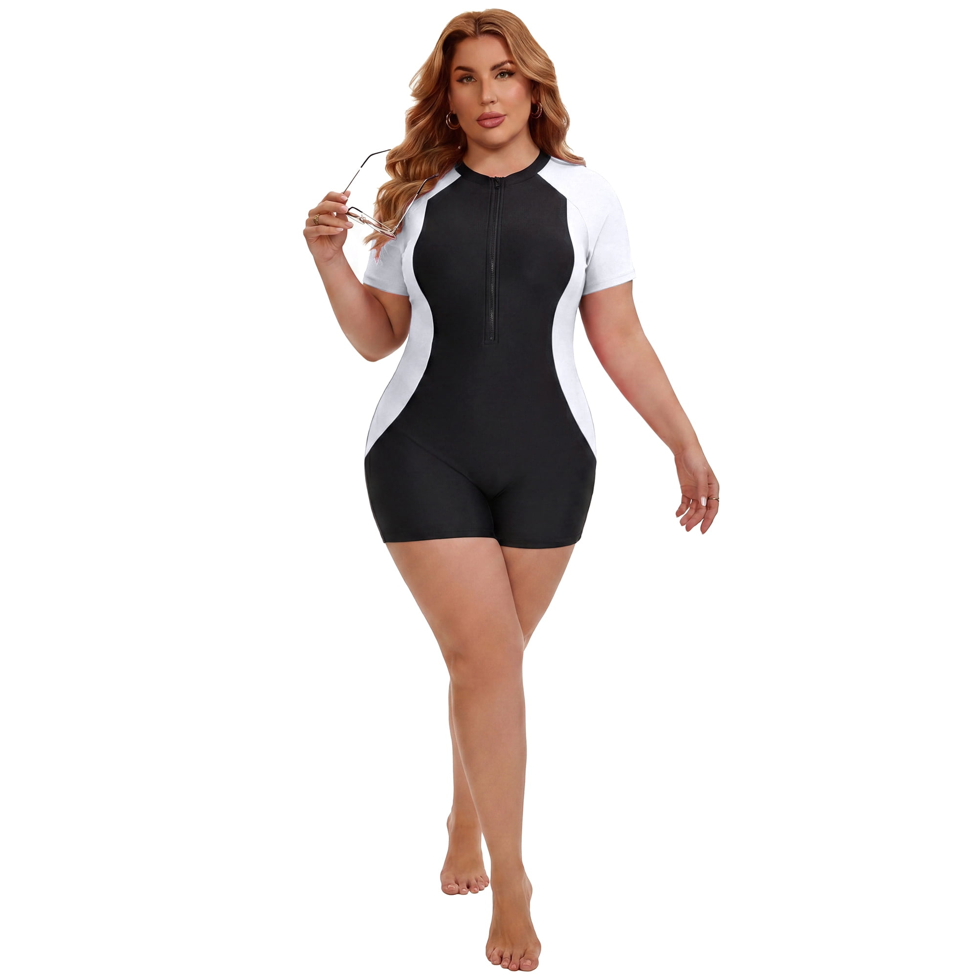 DARING DIVA Women's Plus 1 Piece Zip Front Short Sleeve Swimsuit 3X Black White