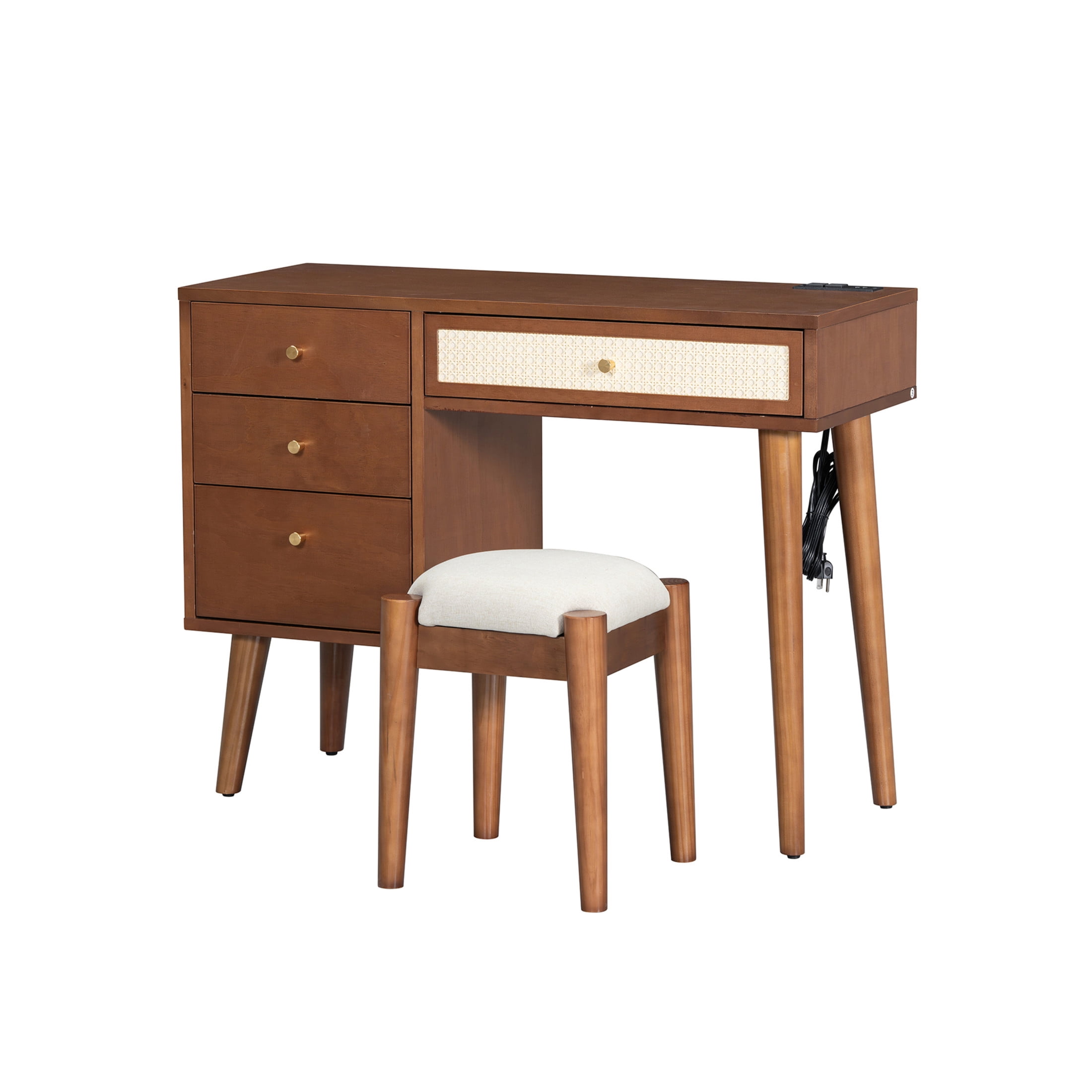 Noble House 39" Retro Wooden Vanity Set with Charging Plug & USB Port, Stool, 3 Drawers and Rattan Drawer, Walnut