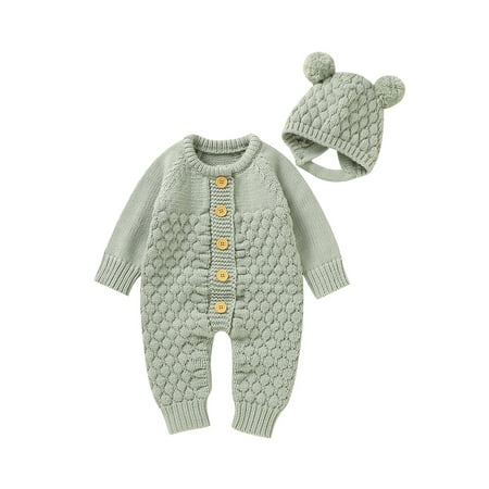 

Infant Baby Girl Boy Romper Sweater Fall Winter Outfits Clothes 2022 Long Sleeve Solid Color Knitted Romper Bear Hat Set