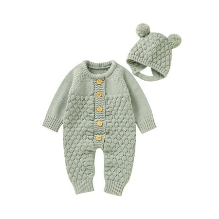

Bagilaanoe Newborn Baby Boy Girl Knitted Jumpsuit Long Sleeve Knitting Bodysuit + Hat 3M 6M 12M 18M Infant Winter Warm One Piece Romper
