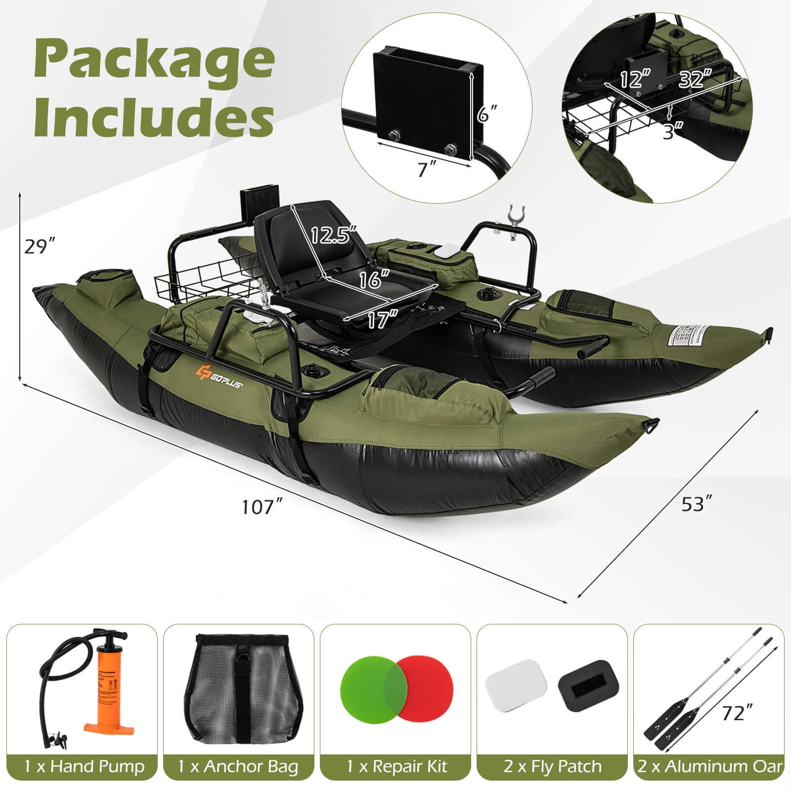 Goplus Inflatable Fishing Float Tube with Foldable Padded Seat, Adjustable Footrest, Pump