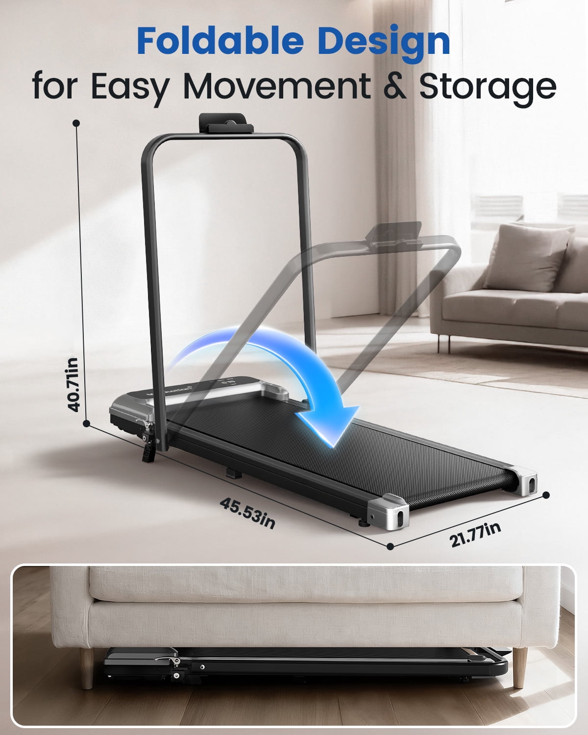 Walking Pad Treadmill with Handle Bar & Adjustable Incline, Foldable Portable Treadmills for Home Office, Quiet Under Desk Treadmill with 0.6-3.8 MPH Speed, 265 LBS Capacity