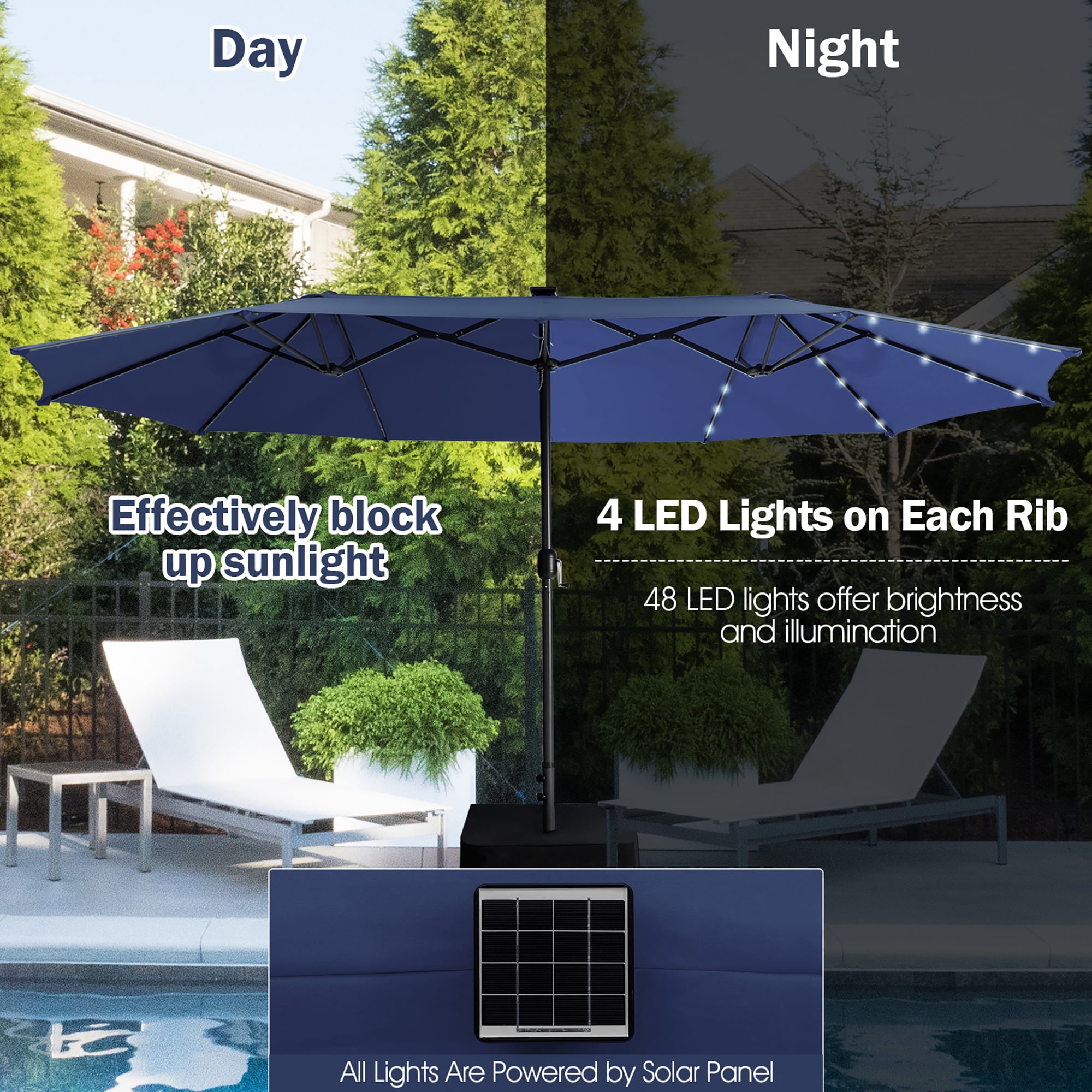 Gymax 15Ft Solar LED Patio Outdoor Double-Sided Umbrella w/ 48 Lights Crank Navy