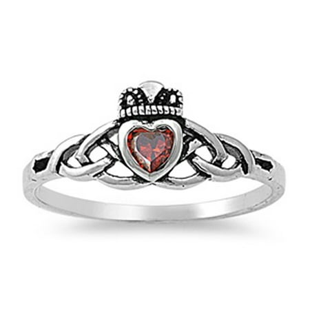 Simulated Garnet Ring CHOOSE YOUR COLOR Simulated Garnet Celtic Knot Antiqued Claddagh Ring 925 Sterling Silver Band ()