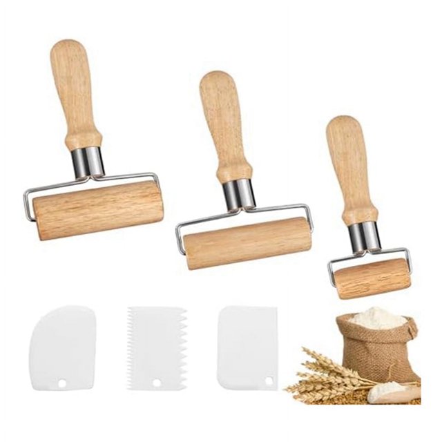 Paquete de 3 rodillos de madera, rodillo con raspadores de masa de plástico, adecuados para amasar masa a mano, pizza, postres