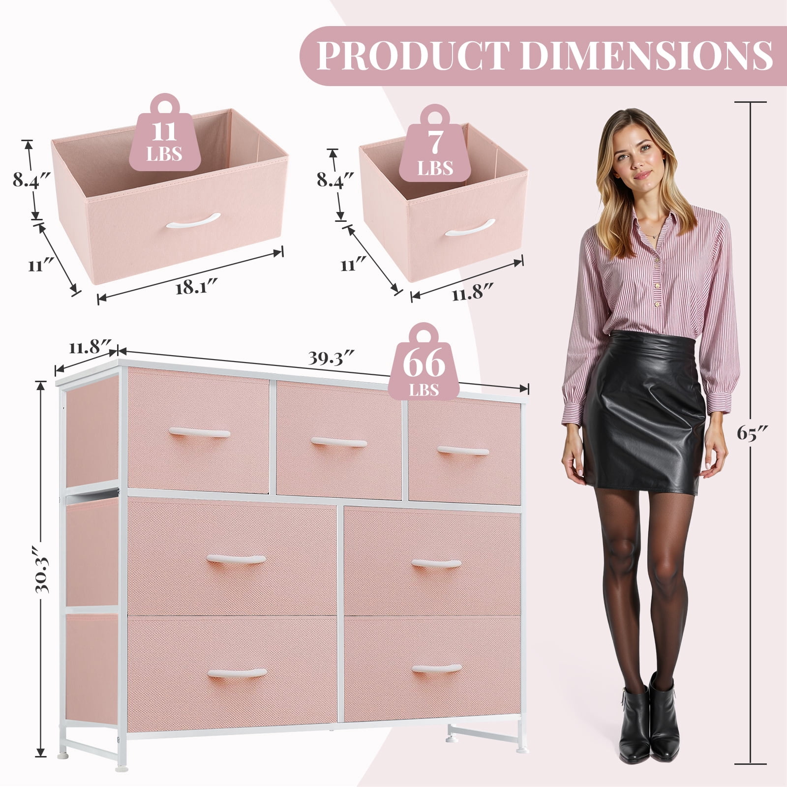 Dresser, Betcozy Storage Organizer with 7 Drawers for Bedroom, Chest of Drawers with Fabric Bins, Sturdy Metal Frame, Wood Tabletop for Guest Room, Closet, Entryway, Nursery, Pink