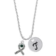thumbnail image 1 of Delight Jewelry Silvertone Scroll Ribbon with Green Crystal Silvertone Script Initial Disc - F - Charm Necklace, 20"+3", 1 of 4