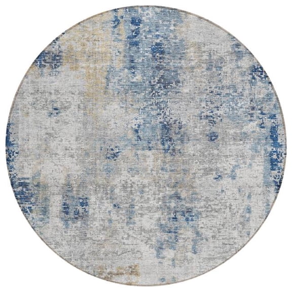 HomeRoots 587868 8 ft. Round Abstract Washable Indoor & Outdoor Area Rug, Denim Blue & Sky Blue