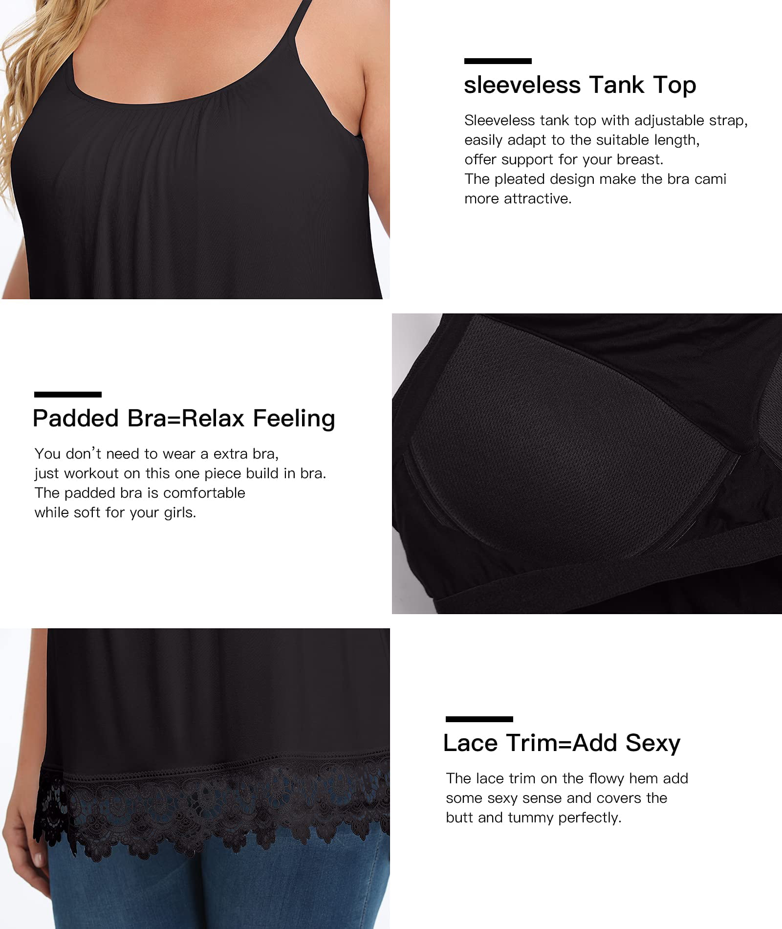 Anyfit Wear 2 Packs Camisoles for Women with Built in Bra Adjustable Strap  Tank Tops Sleeveless Cami with Pleats Casual Flowy Lace Cami Shirts  Black-White-Lace Hem,S 