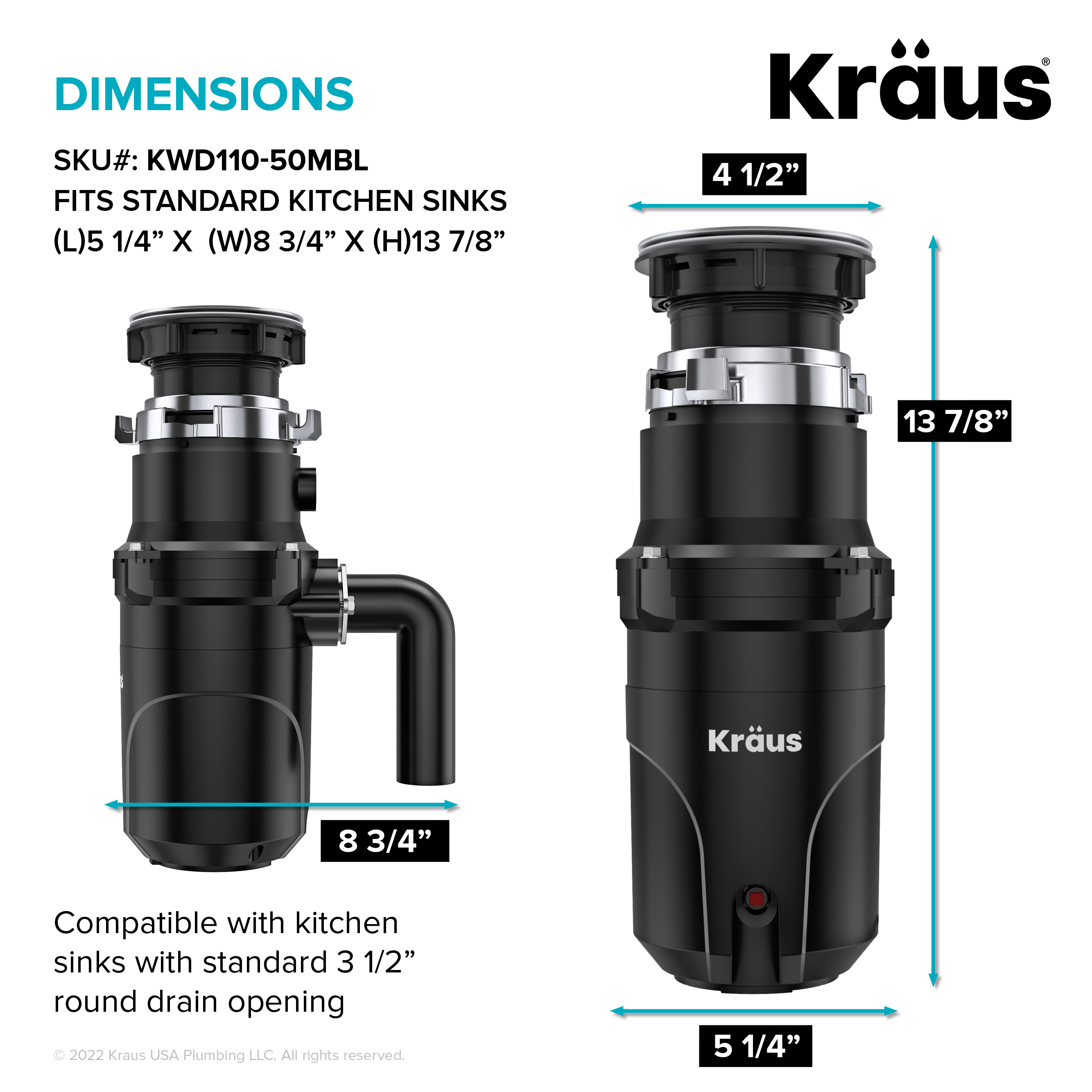 KRAUS WasteGuard High-Speed 1/2 HP Continuous Feed Ultra-Quiet Motor Garbage Disposal with Quick Connect Mount, Power Cord and Flange Included