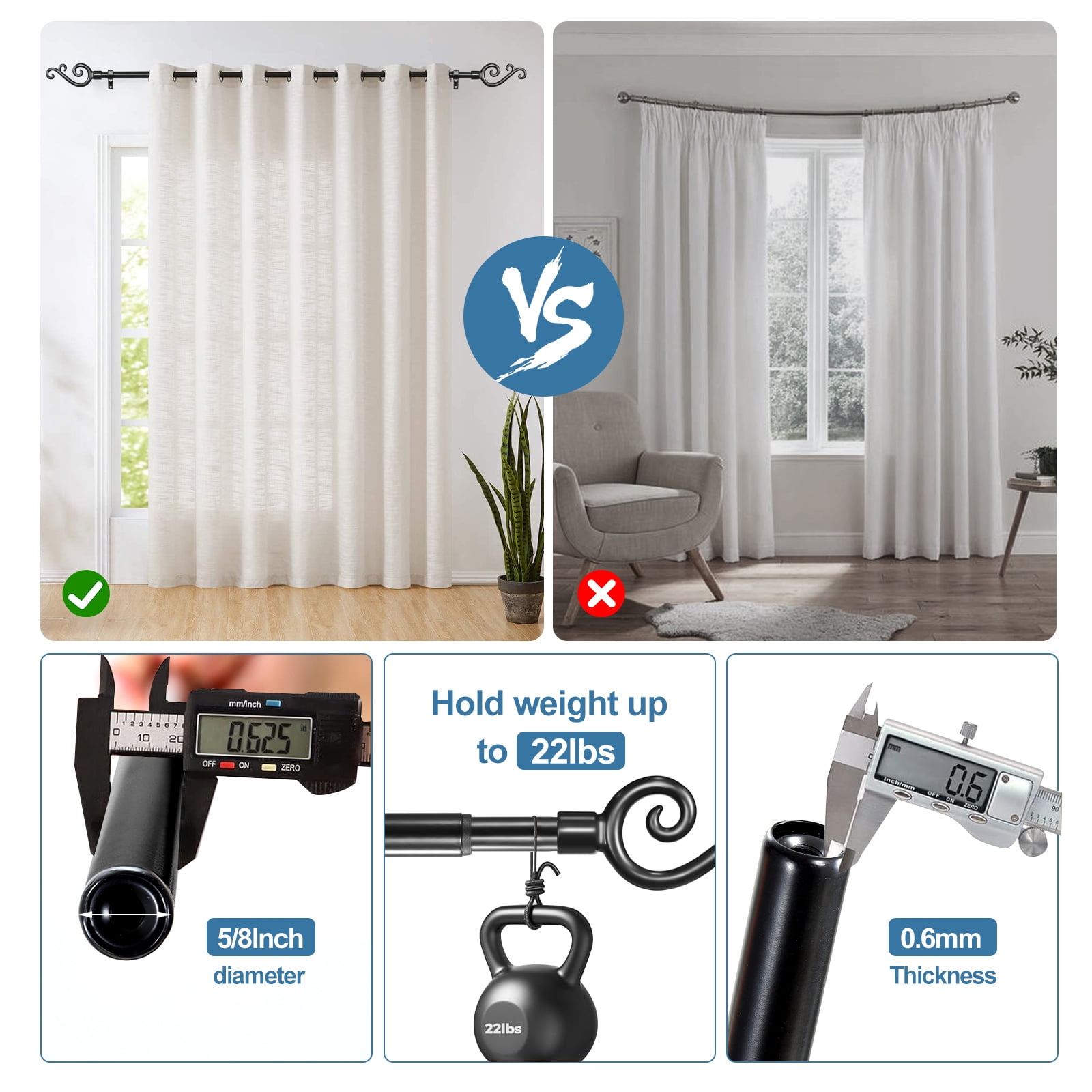 Urbanest Scroll Designer Single Curtain Rod – Decorative Metal Finials, 5/8" Diamter Drapery Hardware Set Window Treatments, 84" to 120", Matte Black