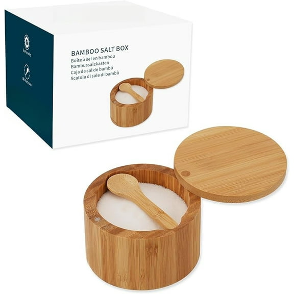 WZW Bamboo Salt Cellar Bowl Box Container with Built-in Spoon, Elegant Kitchen Salt Dish Holder Saver Jar with Swivel Magnetic Lid to Storage Pepper Spice, 6OZ