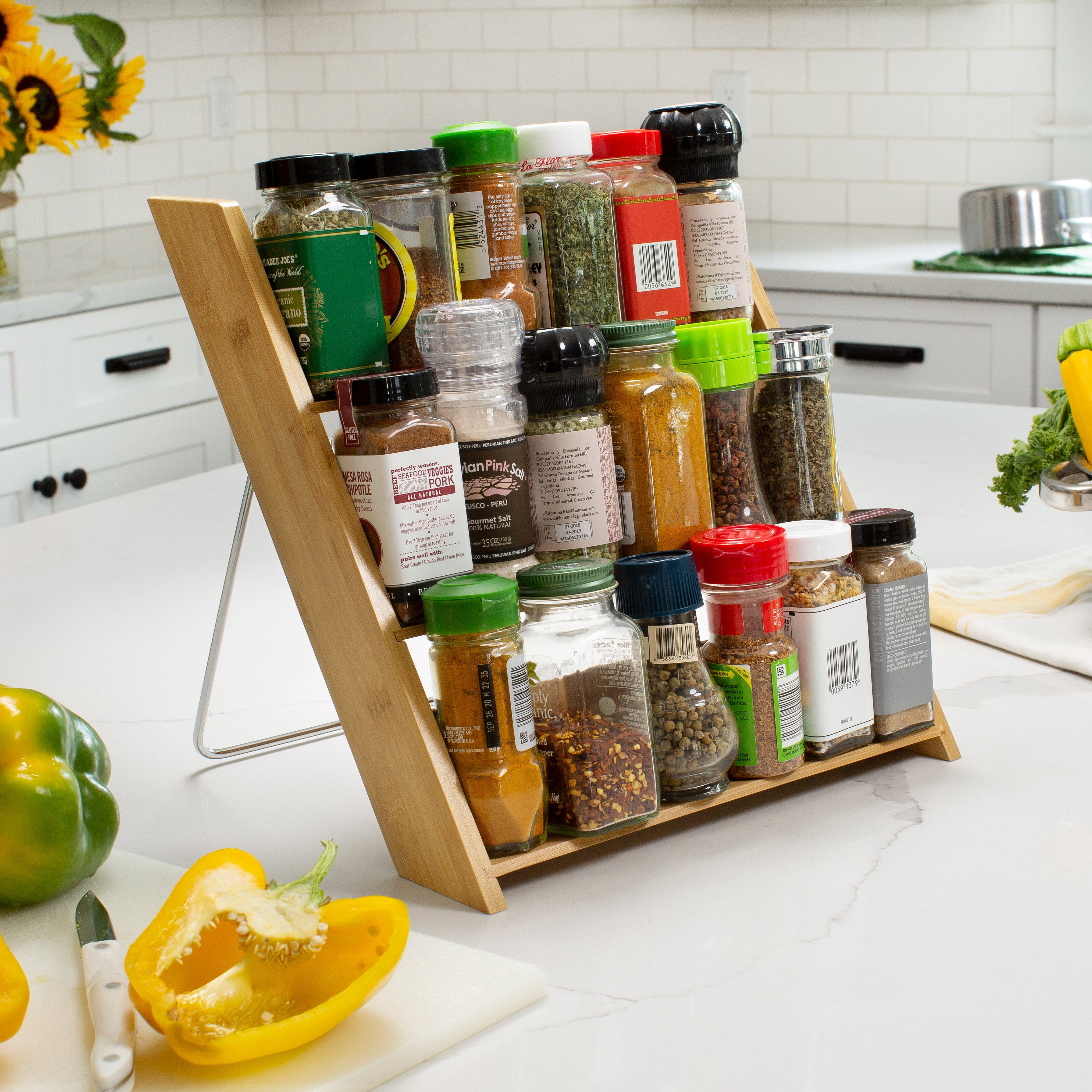 Bamboo Spice Rack Organizer with 20 Pack Empty Glass Spice Jars, Green