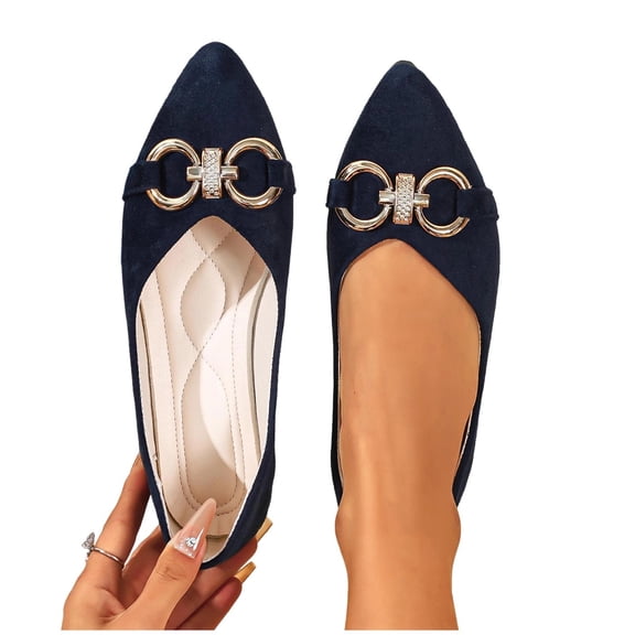 Gpaecead Women's Metal Buckle Flats Pointed Toe Faux Suede Slip On Cushioned Non Slip Shoes For Work And Parties, Navy