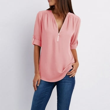 Abcnature Women Zipper Button Tops Long Sleeves Loose Chiffon Shirt Blouse T-shirt Pink 4XL