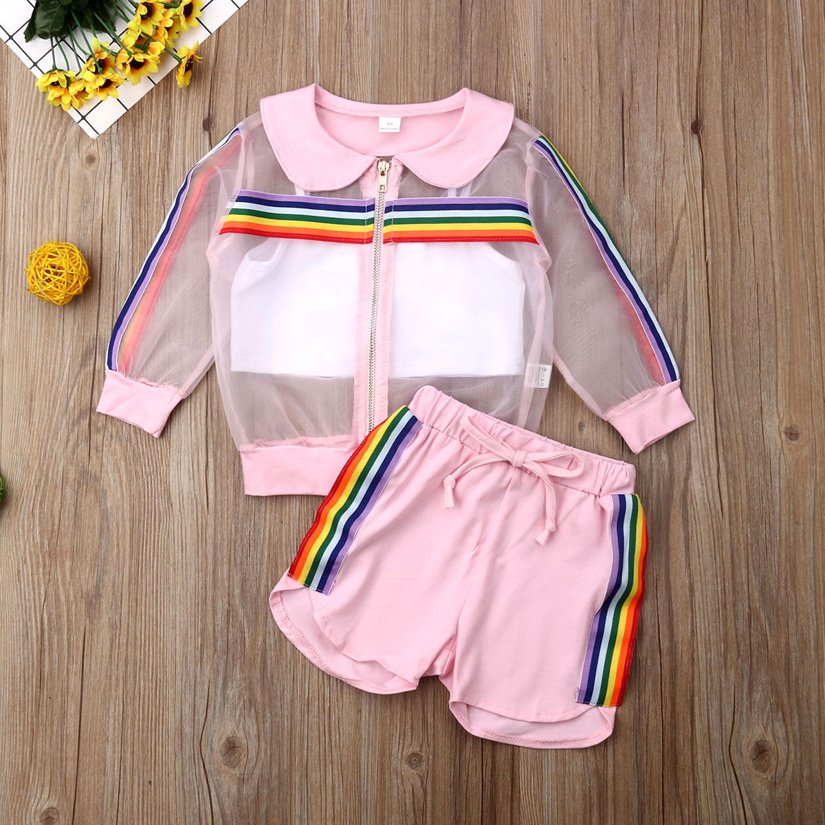 3Pcs-Toddler Baby Girls Outfits Cute Mesh Zipper Blouse Top+White Strap Vest Tank Top+Shorts Pants Kids Clothing Set 