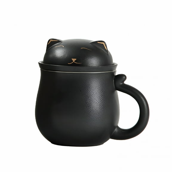 ACDANC Ceramic Tea Mug with Infuser and Lid,350Ml Cute Cat Tea Cup with Filter for Steeping Loose Leaf,Handmade Porcelain Teacup for Home Office Ceramic Coffee Mug with Lid(Black)