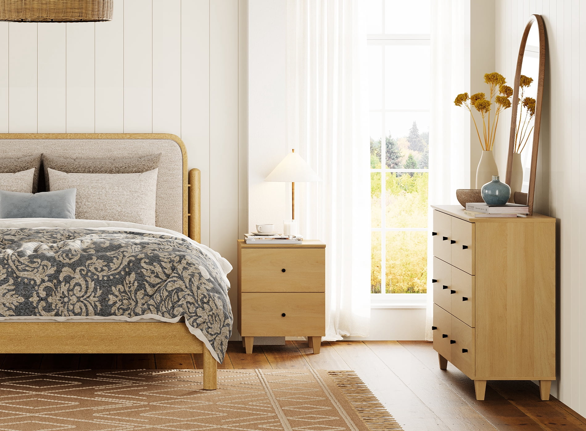 WAMPAT Dresser and Nightstand Set of 2, Wood Dresser with 3 Drawers, Nightstand with Charging Stations for Bedroom, Oak Wood