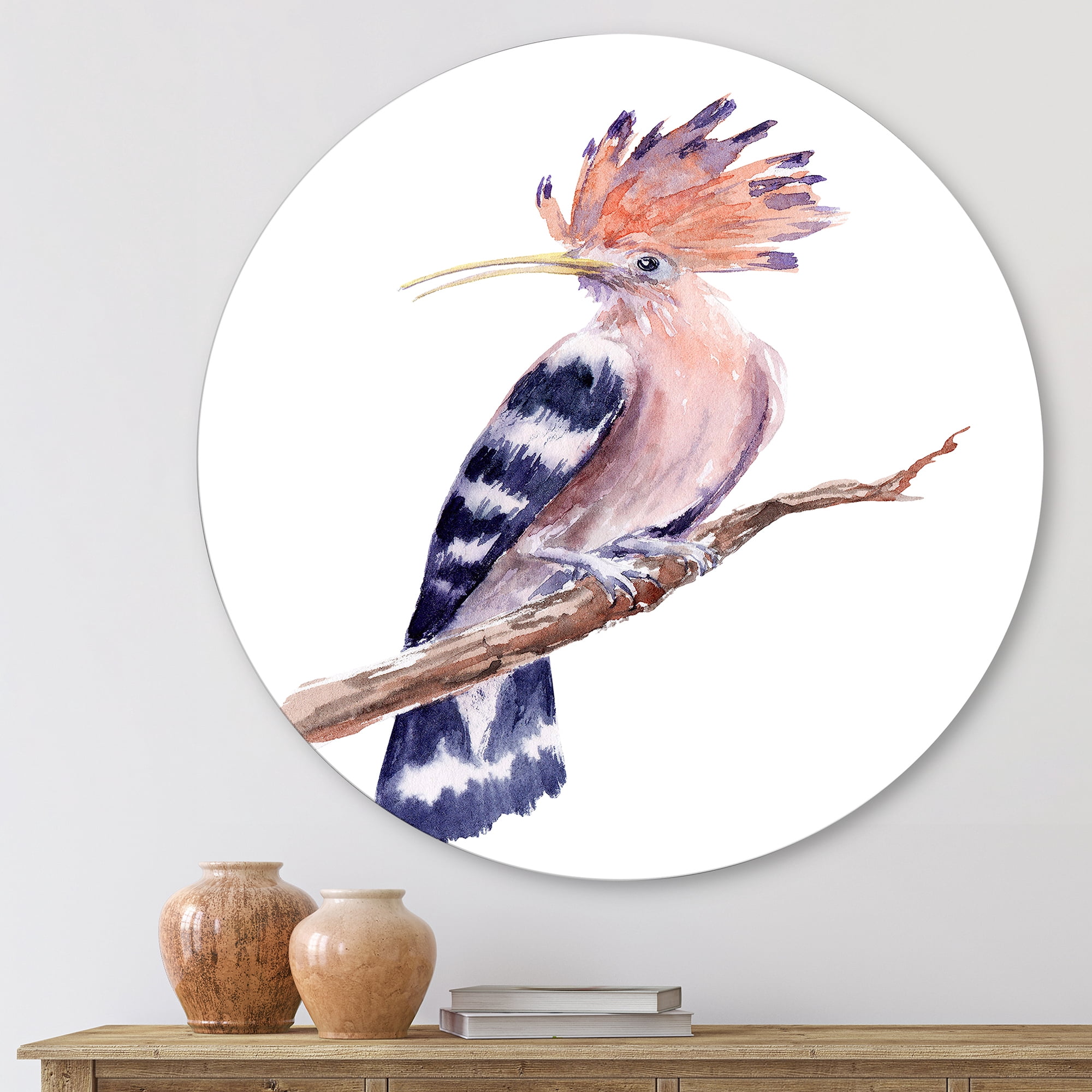 Designart 'Ancient Hoopoe Bird On A Branch' Traditional Circle Metal Wall Art 23x23 - Disc of 23