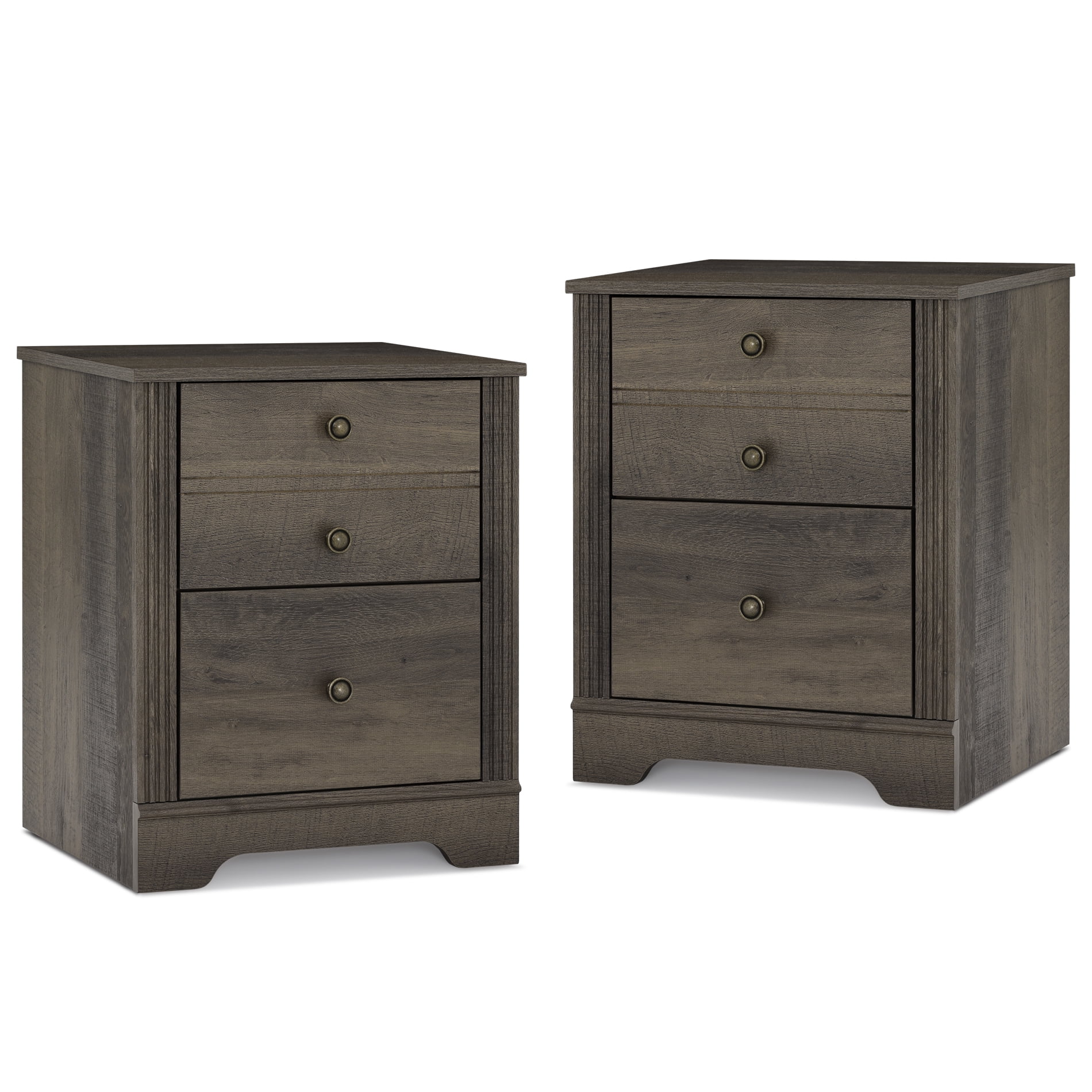 Living Room End Tables, 2 Pieces Sofa Side Tables with 2 Drawers, Grayish Brown Wood Nightstands for Bedroom