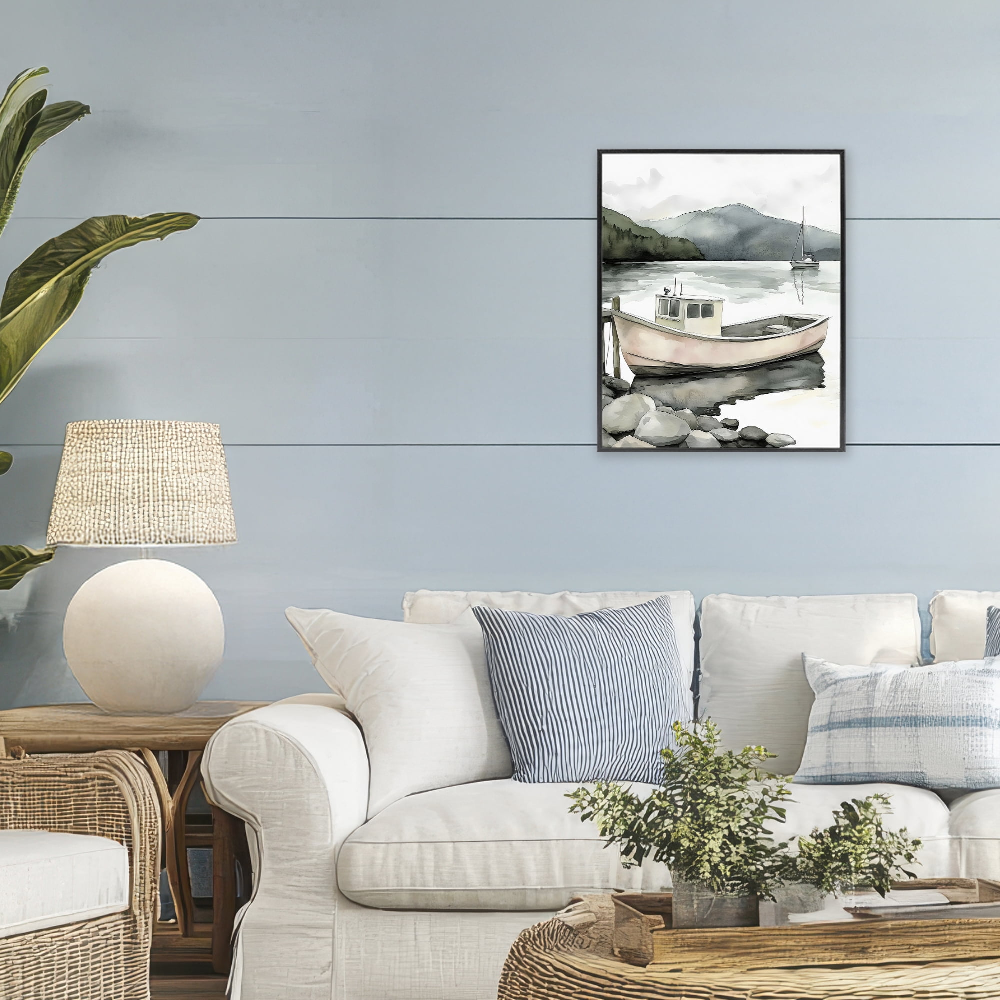 Stupell Industries Coastal Calm Docked Boat Black Framed Giclee Art, design by Riley B