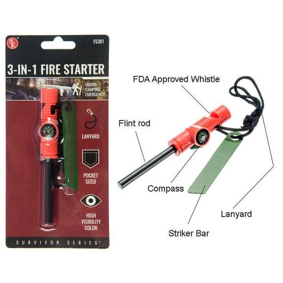 3-in-1 Emergency Magnesium Fire Starter Flint Compass Whistle Survival Outdoor
