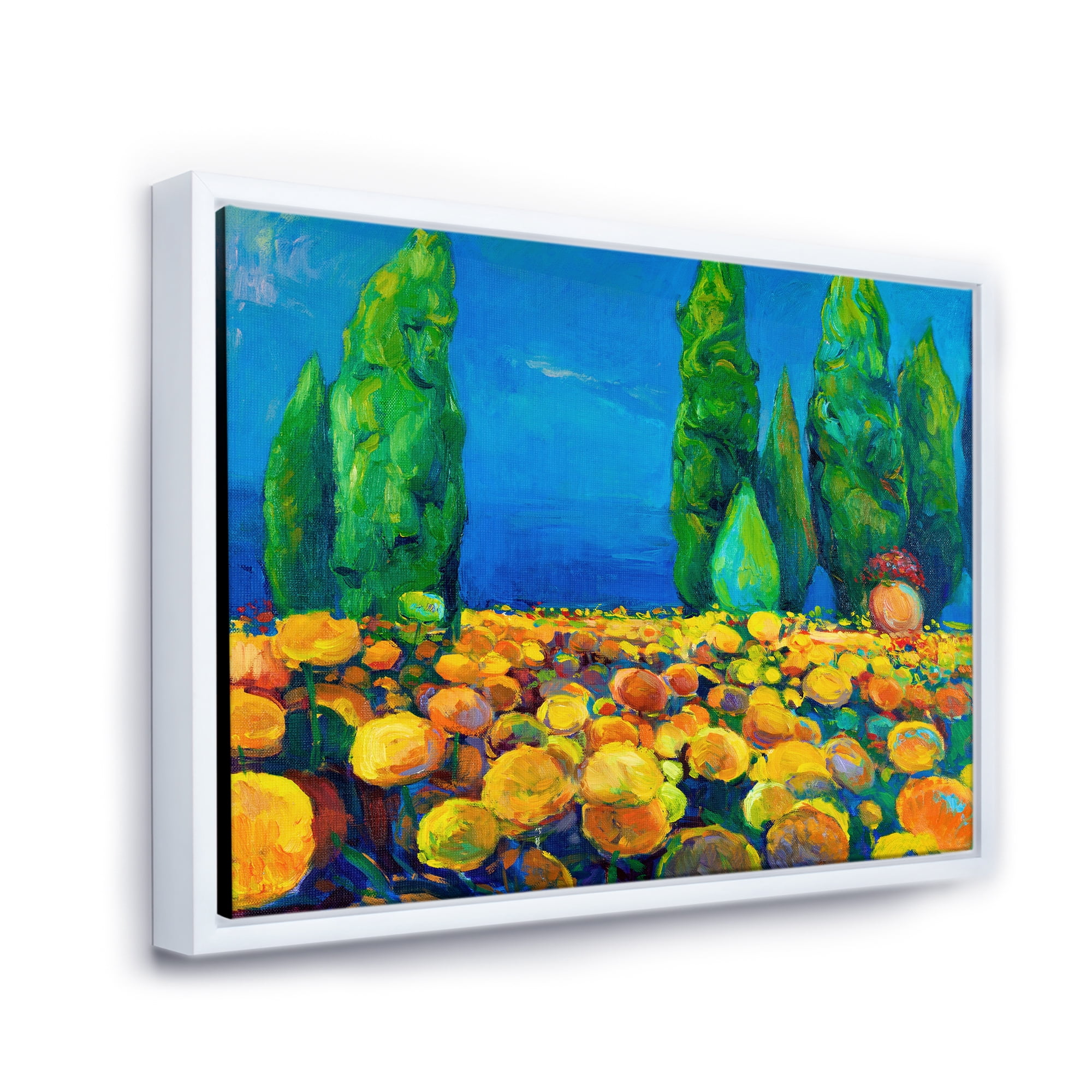 Designart 'Yellow Blossoming Flowers Landscape With Green Trees' Traditional Framed Canvas Wall Art Print