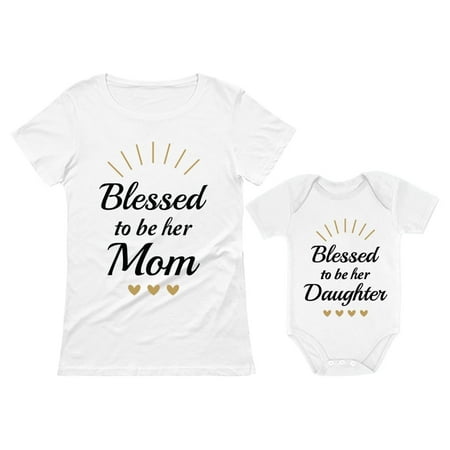 Blessed Mommy & Me Mom T-shirt & Daughter Bodysuit Matching Set For Mother's Day Mom White Medium / Daughter White 24M (18-24M)