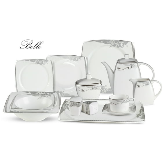 Stylish and Elegant 57 Pieces Bone China Dinnerware Set Service for Hosting Parties and Events for 8 People - Belle, 57 Piece