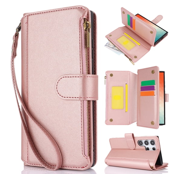 Crossbody for Samsung Galaxy Note 20 Case Wallet【RFID Blocking】with Card Slots Zipper Pocket, PU Leather Magnetic Flip Stand Wrist Strap Lanyard Wallet Case for Galaxy Note 20, Rosegold