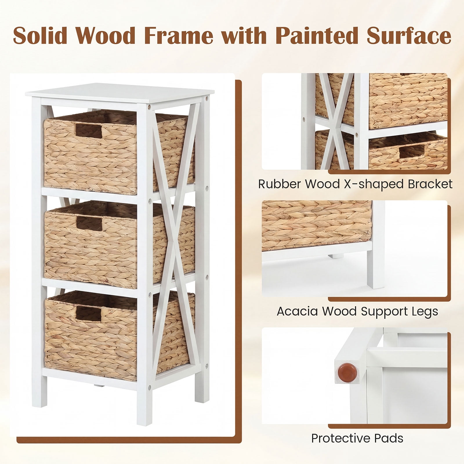 Costway 2PCS 4-Tier Nightstand with 3 Seagrass Baskets, Acacia Wood Legs for Living Room White & Natural