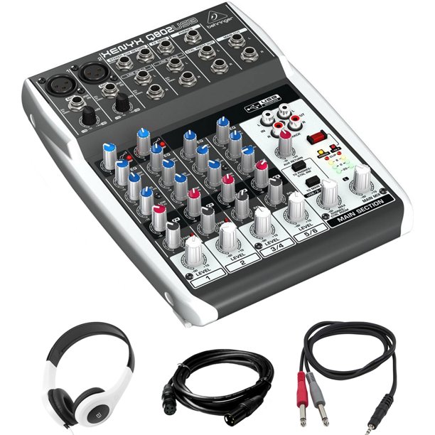 Behringer Q802usb Xenyx 8 Input 2 Bus Mixer Usb Audio Interface Bundle With Stereo Headphones Xlr Male To Xlr Female Gold Plated Cable And Trs Male To Two Ts Male Cable Walmart Com
